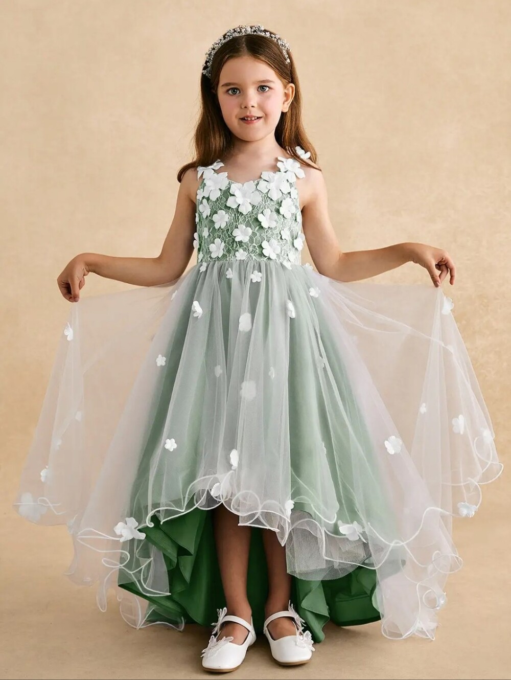 Azazie Celia Flowergirl Dress Eucalyptus Green White Lace 3D Flowers Train 14 - Picture 2 of 16